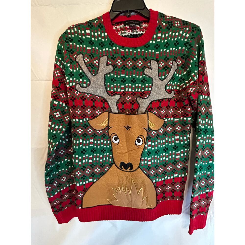 Adult Small Ugly Christmas Sweater Deer with Drink Holder Pocket